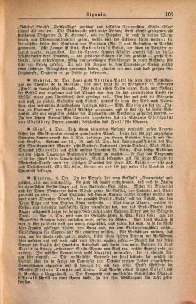 Zpráva o kulturním programu v Ženevě na stránkách časopisu „Signale für die musikalische Welt“, datováno 4. 12. 1869 (Zdroj: ANNO, Österreichische Nationalbibliothek)