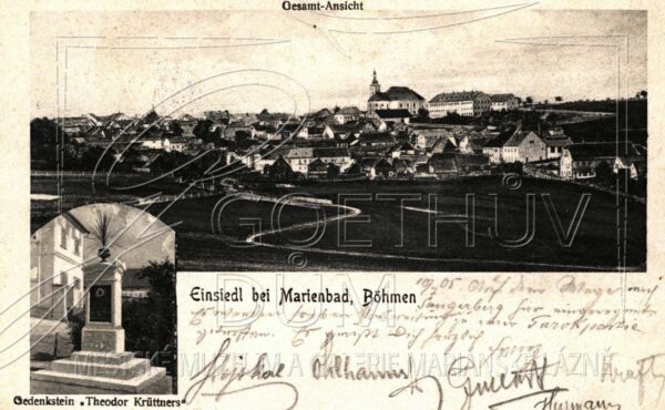 Pohlednice Mnichova u Mariánských Lázní s Krüttnerovým pomníkem ve výřezu z počátku 20. století