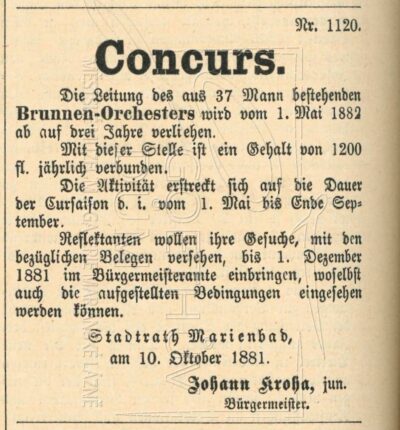 Novinový inzerát s informací o konkurzu na místo kapelníka lázeňského orchestru z října 1881