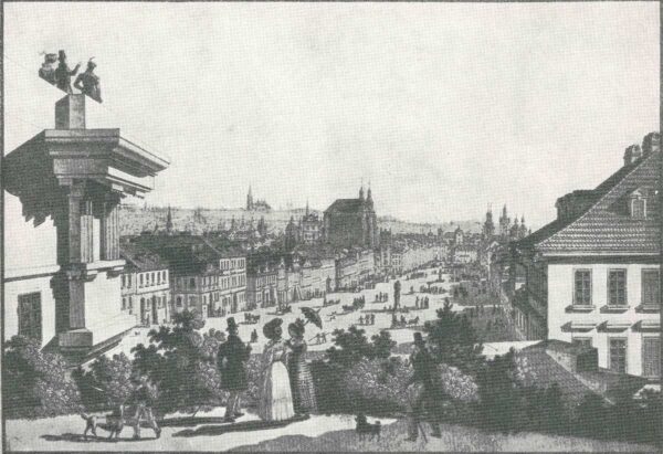 Pohled z hradeb u Koňské brány na Koňský trh (dnes Václavské náměstí) v Praze, kolem roku 1830 (Zdroj: Miloš V. Kratochvíl: Českou minulostí, Praha: SNDK, 1961)