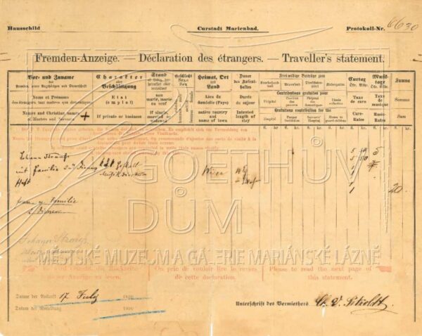Přihláška k pobytu J. Strausse ze dne 17. 7. 1890