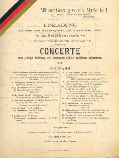 Program koncertu mariánskolázeňského mužského pěveckého spolku z roku 1894, v rámci něhož zazněl sbor „In da Frem“ (V cizině) a výběr z literárního díla Rudolfa Sabathila