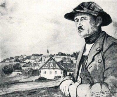 Rudolf Sabathil na inscenovaném portrétu prostoupeném symbolikou historického Chebska – idealizovaný obraz venkova, hrázdění a chebský kroj (Zdroj: Heimatbuch Marienbad Stadt und Land, 1977)