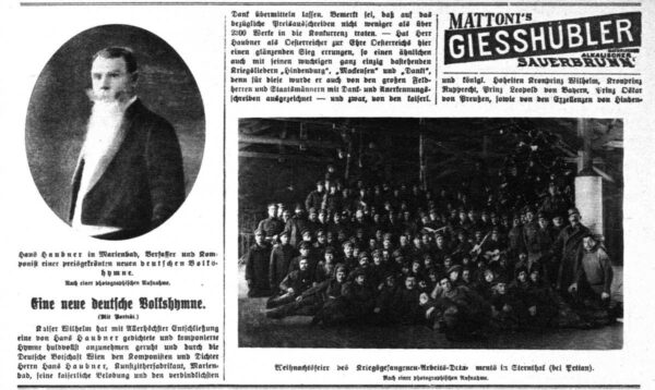 „(Zase) Jedna nová německá lidová hymna“ zní název článku otištěného v novinách „Wiener Bilder“ v lednu 1918 (Zdroj: ANNO, Österreichische Nationalbibliothek)