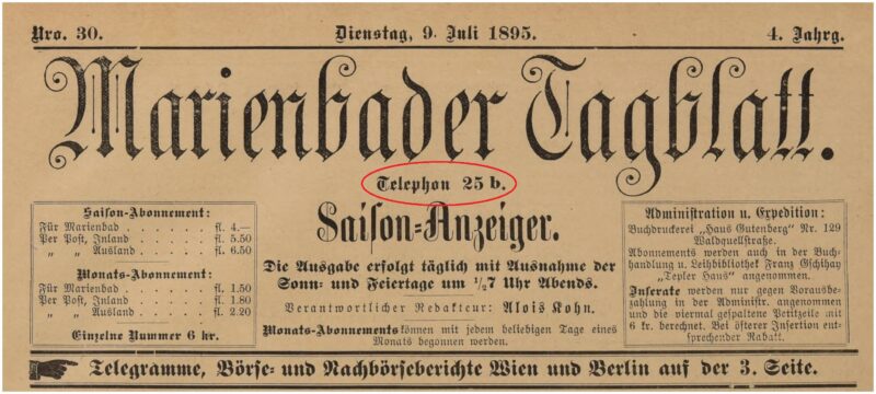 Titulní strana Marienbader Tagblatt z července 1895 s telefonním kontaktem na redakci deníku.